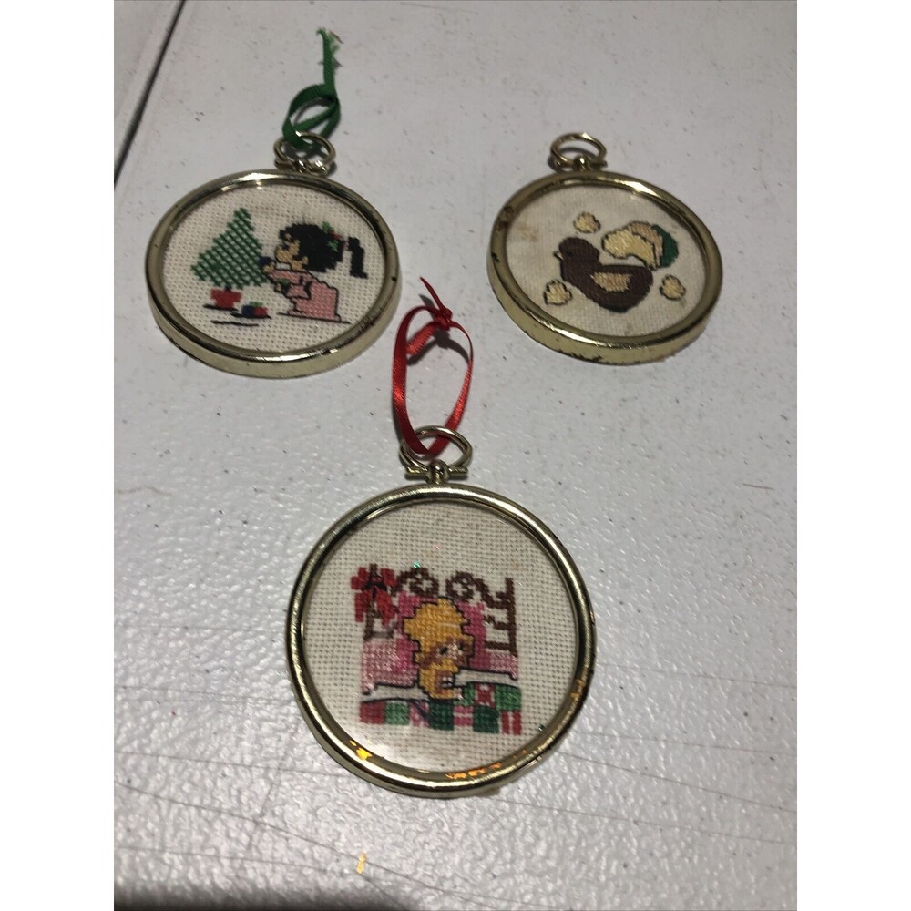 Vtg Christmas Ornaments Handmade NeedlePoint Framed Embroidered lot of 3